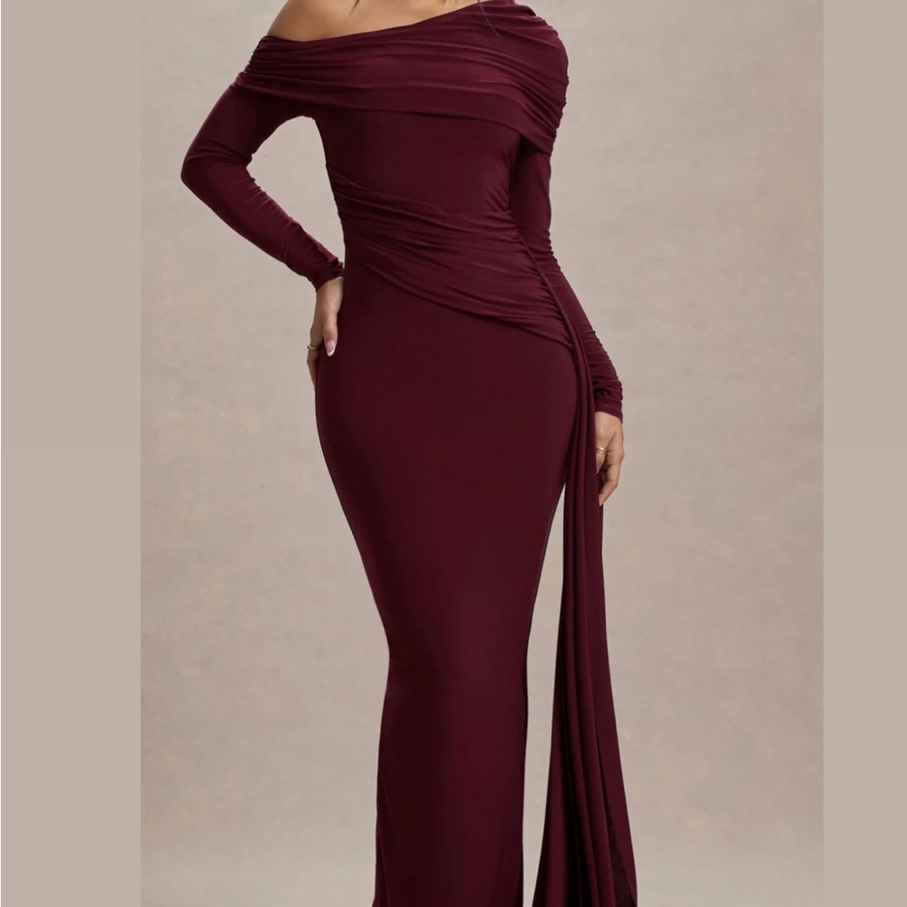 One-Shoulder Burgundy Ruched Sash Evening Gown